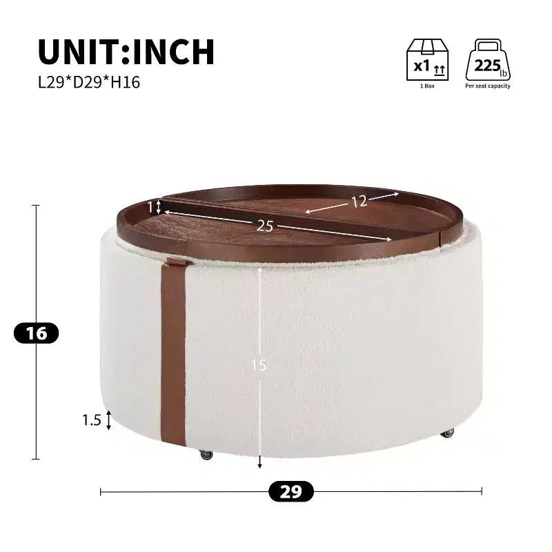 GDFStudio Bennett Modern Contemporary Upholstered Wood Round Storage Ottoman with Casters and Reversible Tray Lids