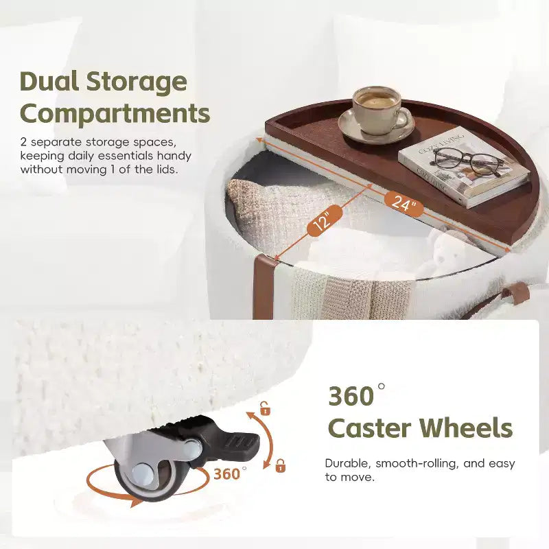 GDFStudio Bennett Modern Contemporary Upholstered Wood Round Storage Ottoman with Casters and Reversible Tray Lids