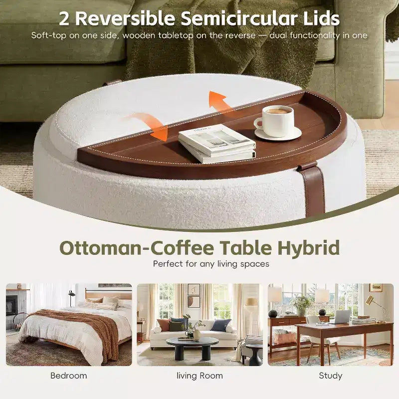 GDFStudio Bennett Modern Contemporary Upholstered Wood Round Storage Ottoman with Casters and Reversible Tray Lids