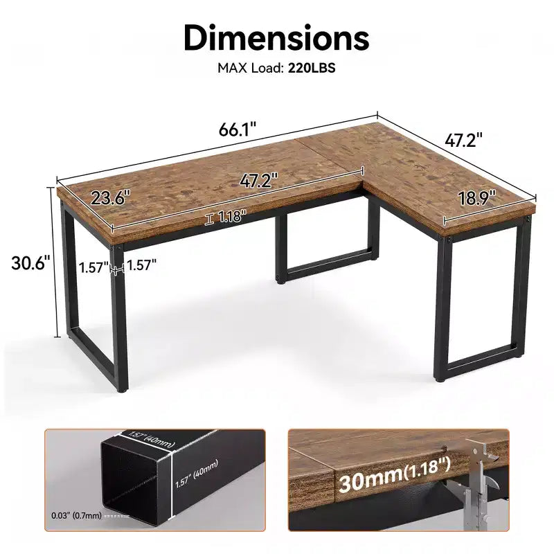 Dyonery 66 Inch L-Shaped Corner Computer Desk, 1.2 Extra-Thick Desktop, Heavy-Duty Metal Frame, Home Office Gaming Writing Workstation, Rustic Brown