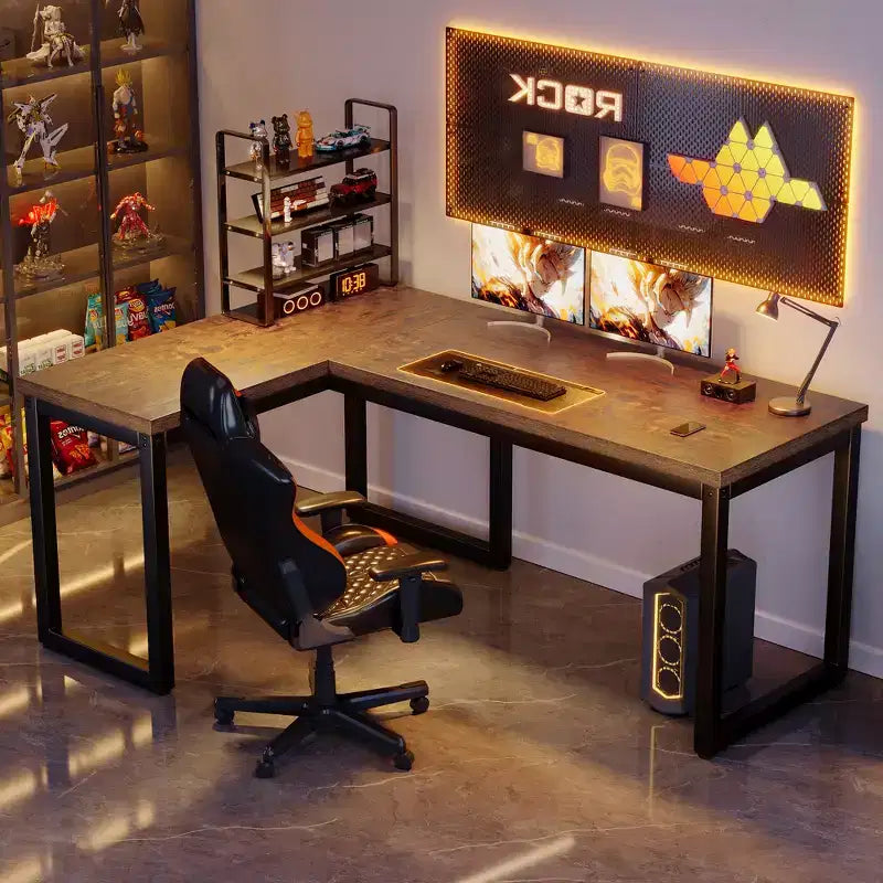 Dyonery 66 Inch L-Shaped Corner Computer Desk, 1.2 Extra-Thick Desktop, Heavy-Duty Metal Frame, Home Office Gaming Writing Workstation, Rustic Brown