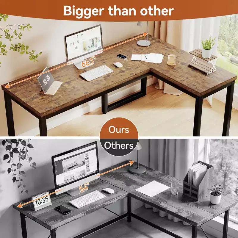 Dyonery 66 Inch L-Shaped Corner Computer Desk, 1.2 Extra-Thick Desktop, Heavy-Duty Metal Frame, Home Office Gaming Writing Workstation, Rustic Brown