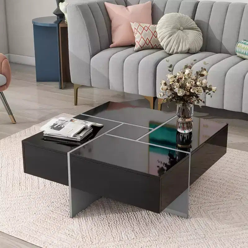 Coffee Table with 4 Hidden Storage Compartments, Square Sliding Top Center Table for Living Room