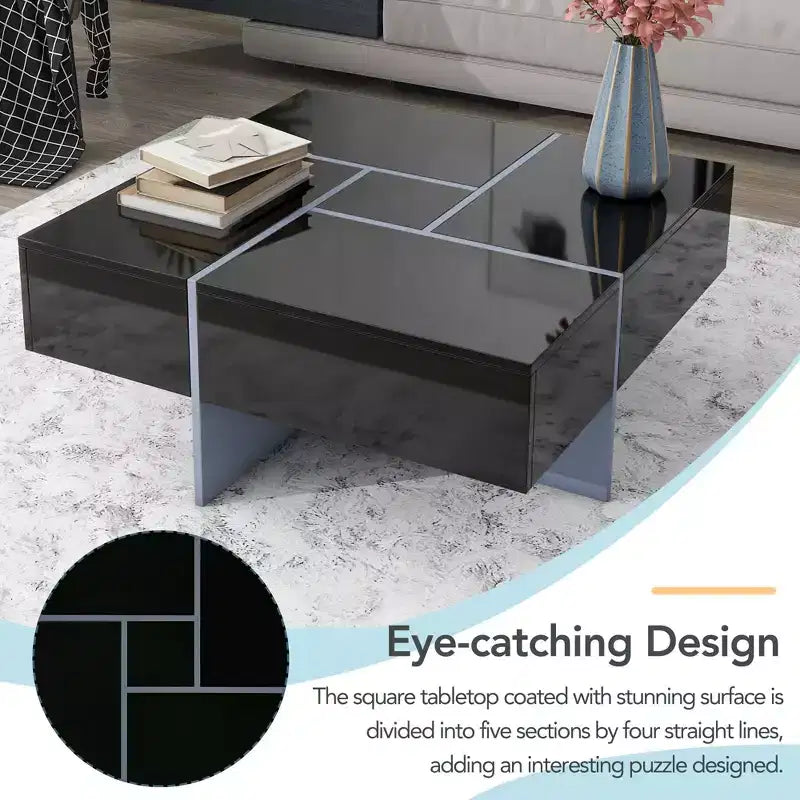 Coffee Table with 4 Hidden Storage Compartments, Square Sliding Top Center Table for Living Room