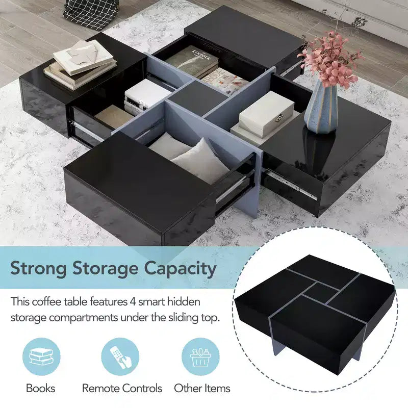 Coffee Table with 4 Hidden Storage Compartments, Square Sliding Top Center Table for Living Room
