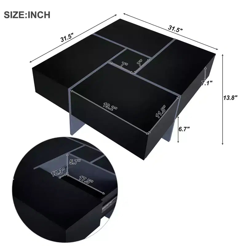 Coffee Table with 4 Hidden Storage Compartments, Square Sliding Top Center Table for Living Room