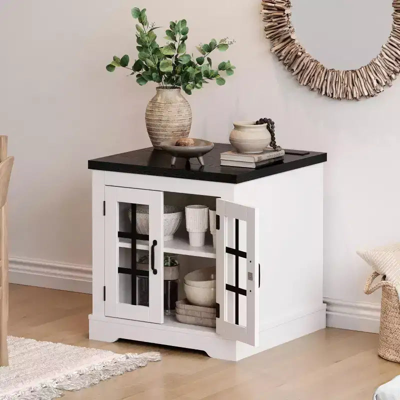 Buffet Cabinet with Storage, Sideboard Buffet with Glass Doors, Built-in Power Outlet, Black Relief Top Plate, for Kitchen