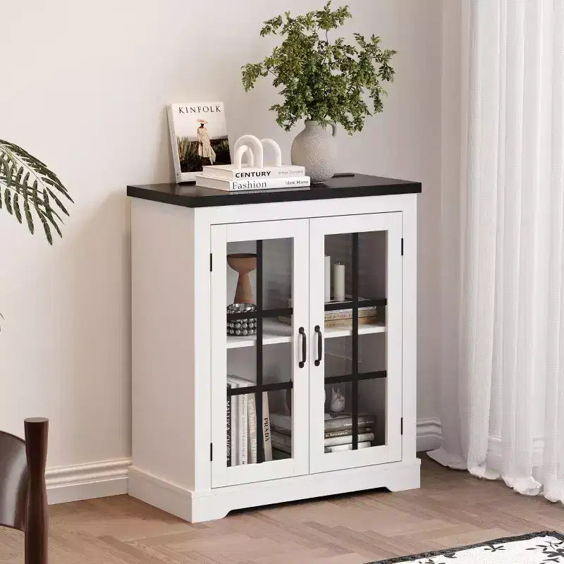 Buffet Cabinet with Storage, Sideboard Buffet with Glass Doors, Built-in Power Outlet, Black Relief Top Plate, for Kitchen