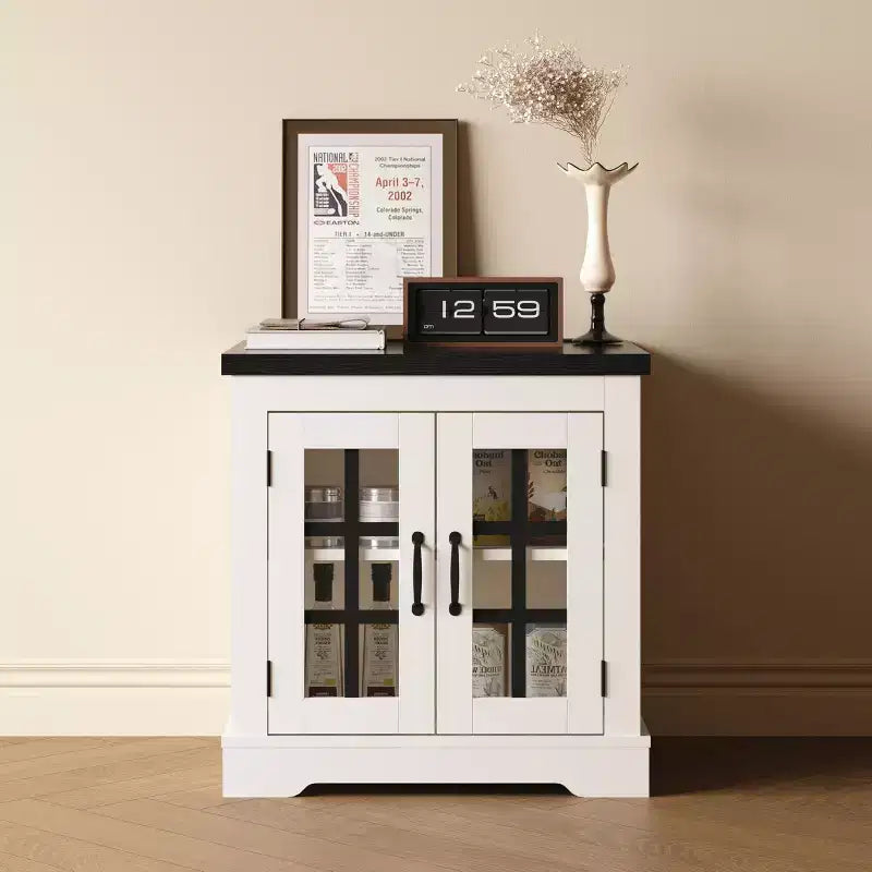 Buffet Cabinet with Storage, Sideboard Buffet with Glass Doors, Built-in Power Outlet, Black Relief Top Plate, for Kitchen