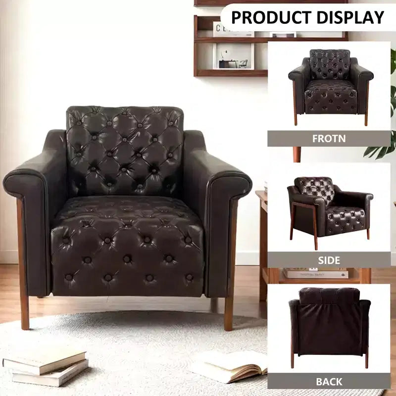 Dyonery A leather-decorated chair in medieval style, with sturdy wooden legs and backrest, suitable for small spaces, Brown