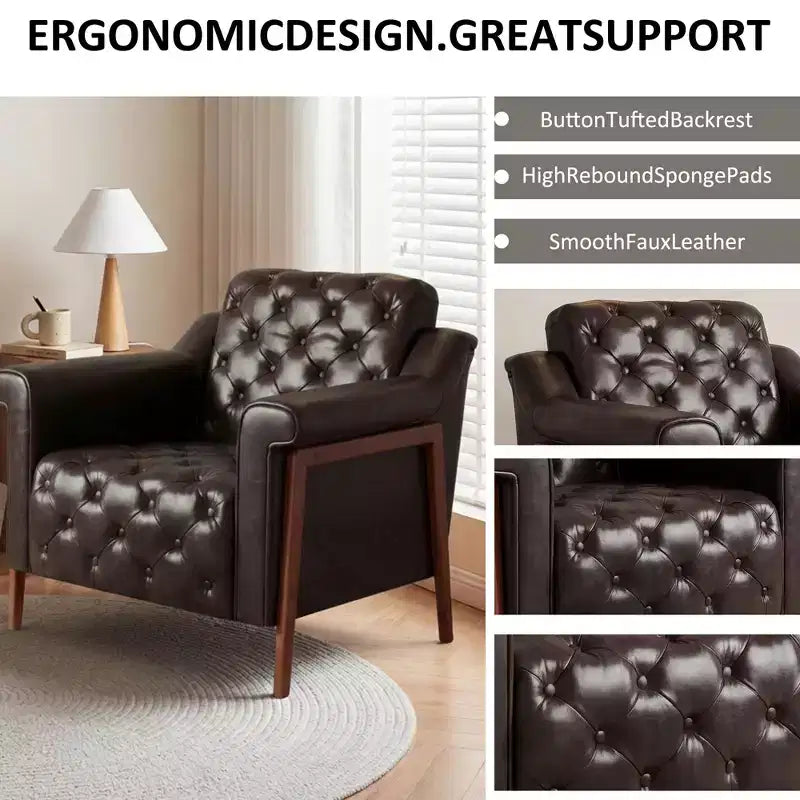 Dyonery A leather-decorated chair in medieval style, with sturdy wooden legs and backrest, suitable for small spaces, Brown