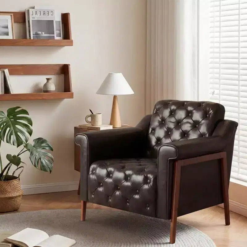 Dyonery A leather-decorated chair in medieval style, with sturdy wooden legs and backrest, suitable for small spaces, Brown