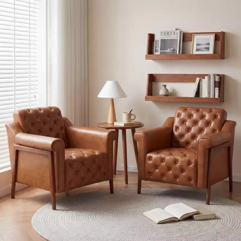 Dyonery A leather-decorated chair in medieval style, with sturdy wooden legs and backrest, suitable for small spaces, Brown