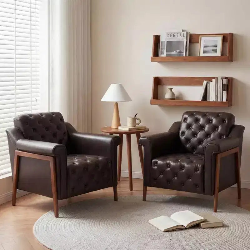 Dyonery A leather-decorated chair in medieval style, with sturdy wooden legs and backrest, suitable for small spaces, Brown