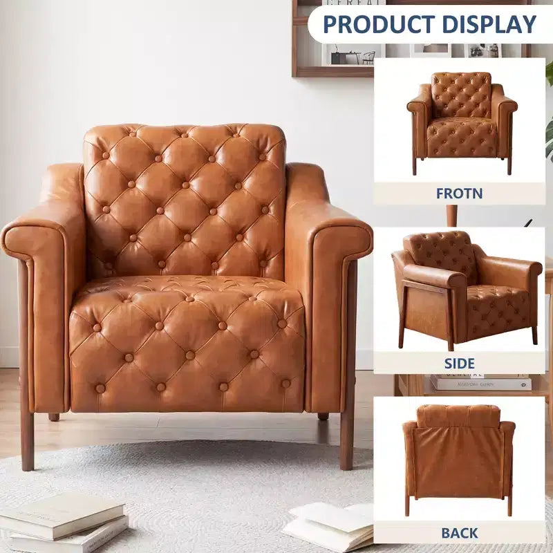 Dyonery A leather-decorated chair in medieval style, with sturdy wooden legs and backrest, suitable for small spaces, Brown