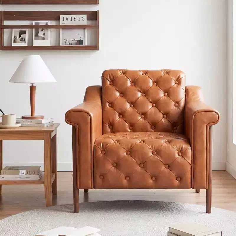 Dyonery A leather-decorated chair in medieval style, with sturdy wooden legs and backrest, suitable for small spaces, Brown