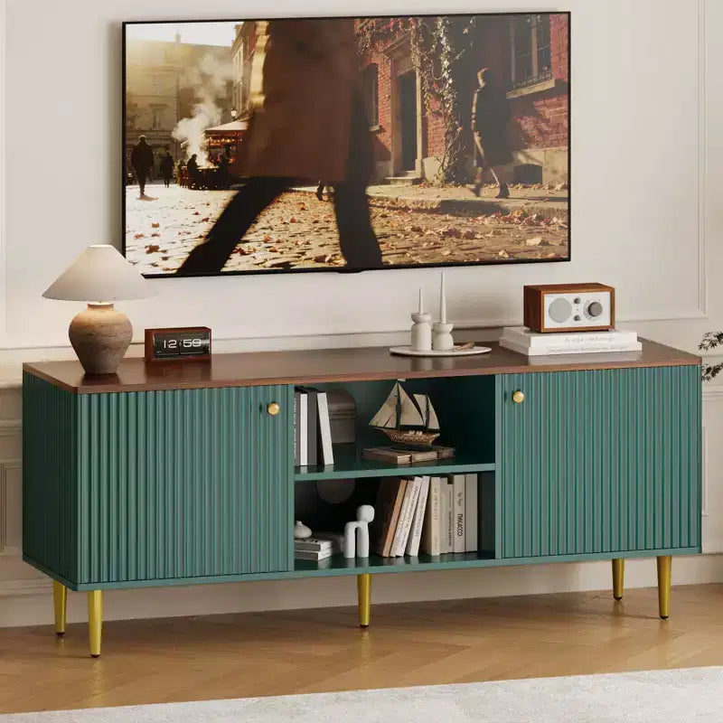55in TV Stand for TVs Up to 65, Fluted Media TV Console Entertainment Center with 2 Doors and Adjustable Shelf Soft