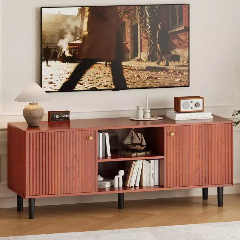 55in TV Stand for TVs Up to 65, Fluted Media TV Console Entertainment Center with 2 Doors and Adjustable Shelf Soft