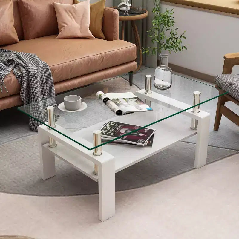 Fun little toys brand Rectangle Coffee Table, Tempered Glass Tabletop with MDF Layer, Modern Table for Living Room , Transparent Glass