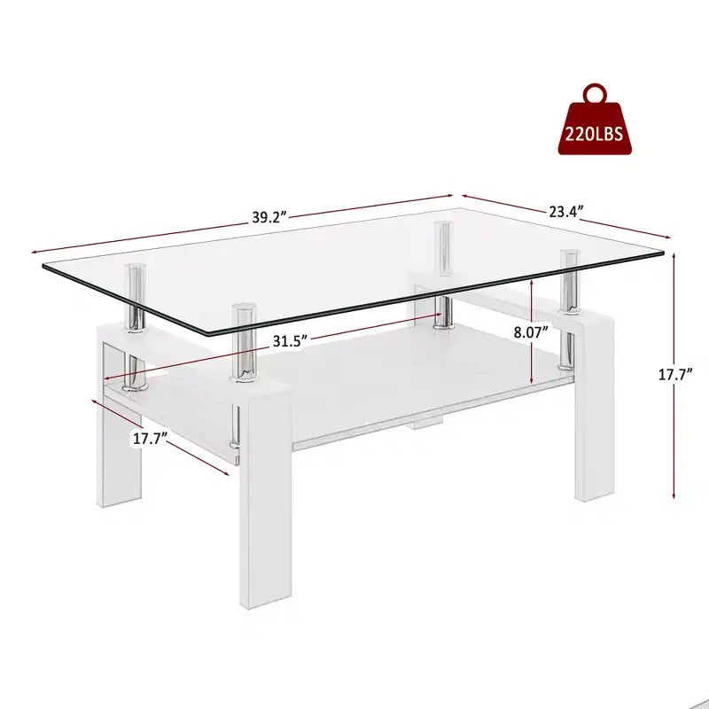 Fun little toys brand Rectangle Coffee Table, Tempered Glass Tabletop with MDF Layer, Modern Table for Living Room , Transparent Glass