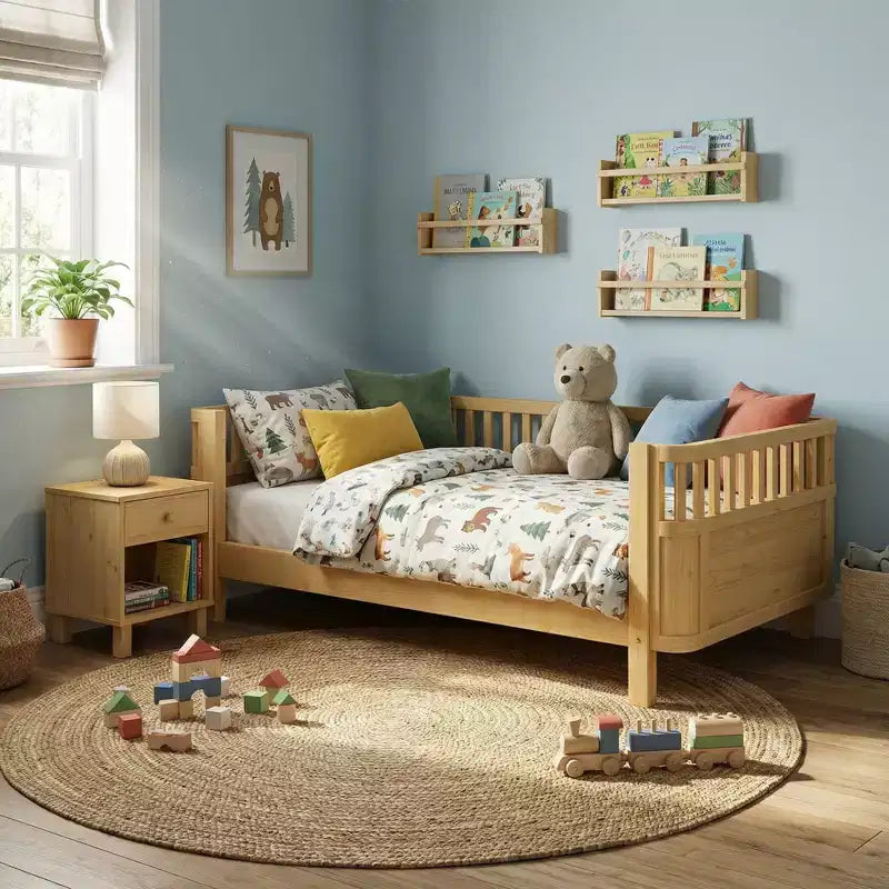 JVNOXK Letto a piattaforma in legno a grandezza naturale per bambini, letto in legno naturale a basso profilo con sponde di sicurezza per bambini e bambine
