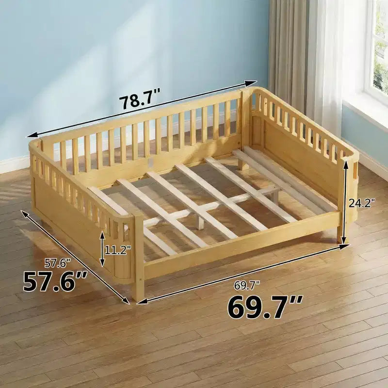 JVNOXK Letto a piattaforma in legno a grandezza naturale per bambini, letto in legno naturale a basso profilo con sponde di sicurezza per bambini e bambine