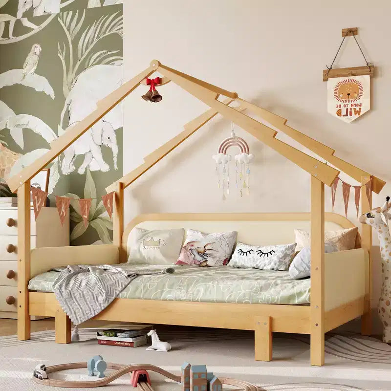 JVNOXK Twin Size Wood Treehouse bed with Soft Cushion Rails,for Kids, Teens, Girls, Boys,White