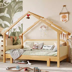 JVNOXK Twin Size Wood Treehouse bed with Soft Cushion Rails,for Kids, Teens, Girls, Boys,White