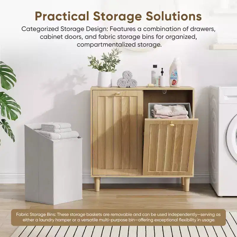GDFStudio Simone Modern 70 Wooden Laundry Hamper Cabinet with Removable Basket