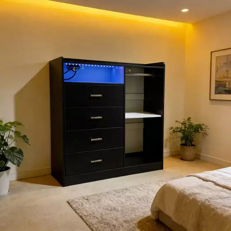 GustoWave Comodino Moderno con LED, Armadio Aperto, 4 Cassetti e Design Salvaspazio