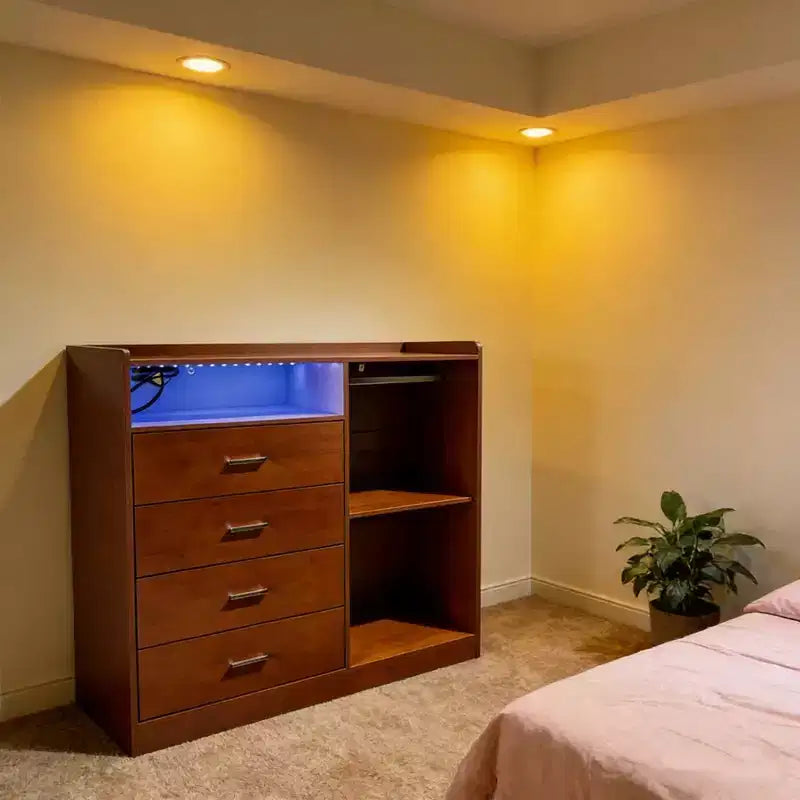 GustoWave Comodino Moderno con LED, Armadio Aperto, 4 Cassetti e Design Salvaspazio
