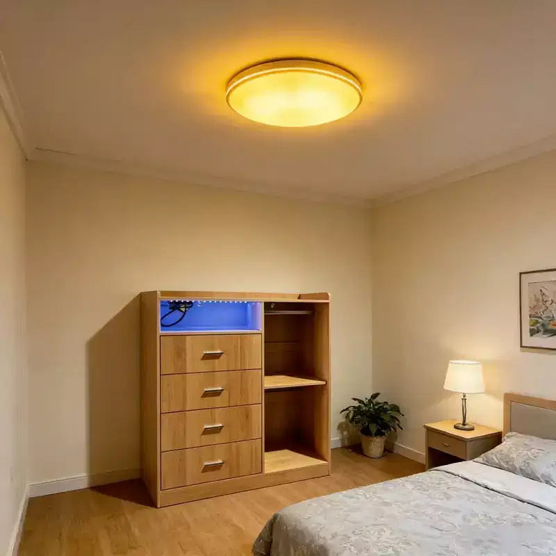 GustoWave Comodino Moderno con LED, Armadio Aperto, 4 Cassetti e Design Salvaspazio