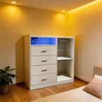 GustoWave Comodino Moderno con LED, Armadio Aperto, 4 Cassetti e Design Salvaspazio