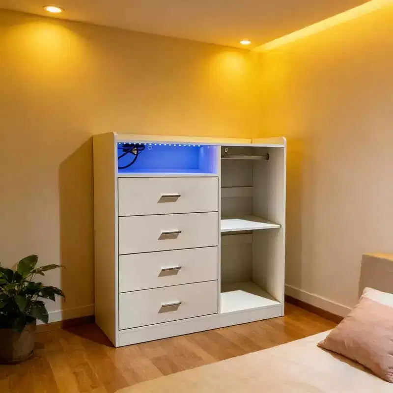 GustoWave Comodino Moderno con LED, Armadio Aperto, 4 Cassetti e Design Salvaspazio