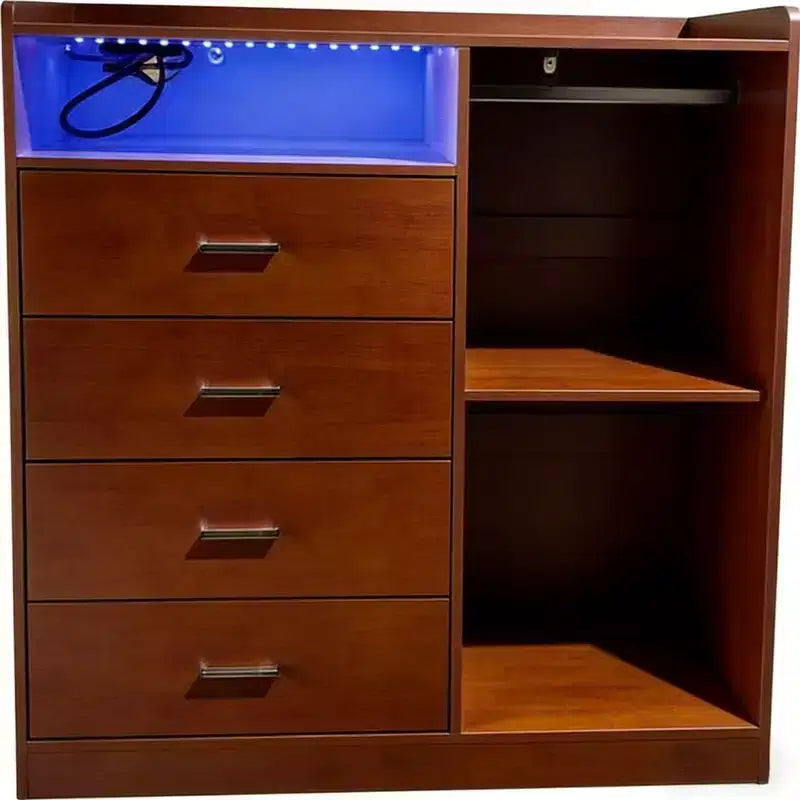 GustoWave Modern LED Dresser With Open Wardrobe, 4 Drawers, And Space-Saving Design