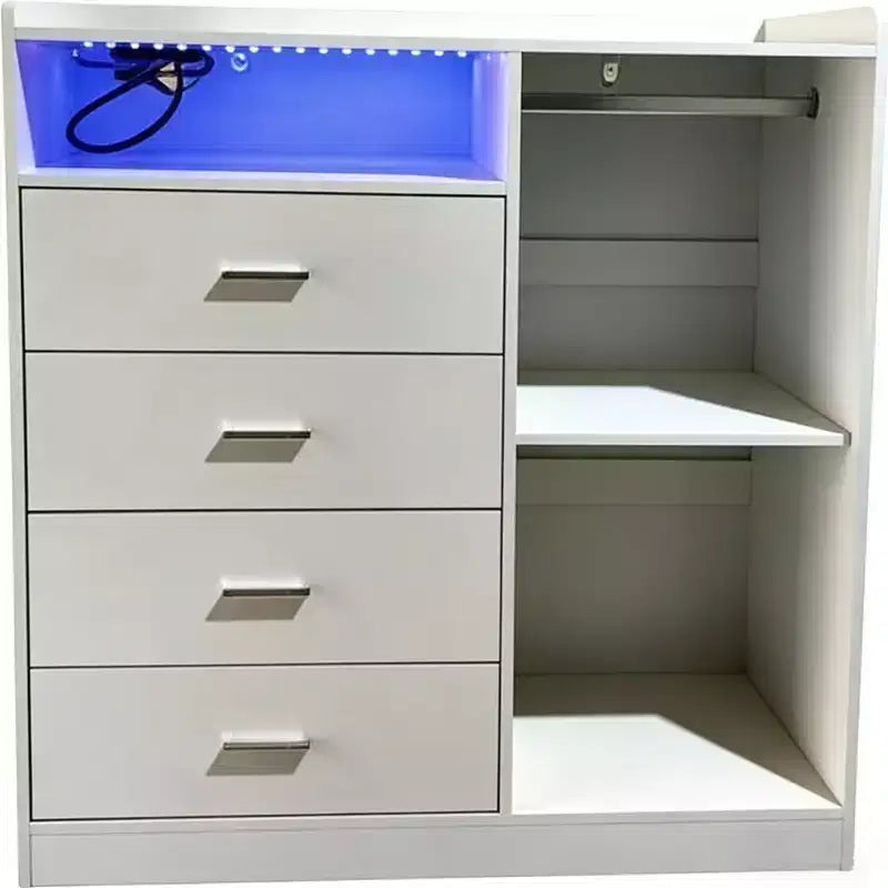 GustoWave Modern LED Dresser With Open Wardrobe, 4 Drawers, And Space-Saving Design