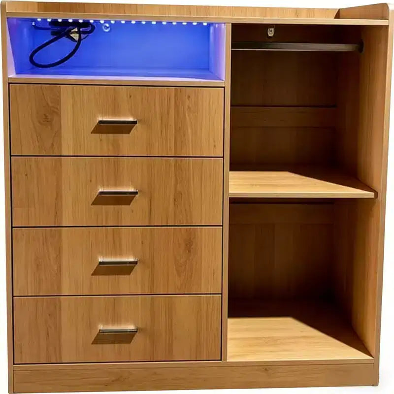 GustoWave Modern LED Dresser With Open Wardrobe, 4 Drawers, And Space-Saving Design