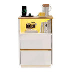 Karl Home Comodino da 39,8 cm, bianco lucido e rovere, in truciolare P2 da 15 mm, 2 cassetti, striscia RGB, presa USA (2 USB + 2 AC)