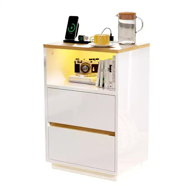 Karl Home 15.7In. High Gloss White & Oak Nightstand, P2 15MM Particleboard, 2 Drawers, RGB Strip, US Outlet (2USB+2AC)