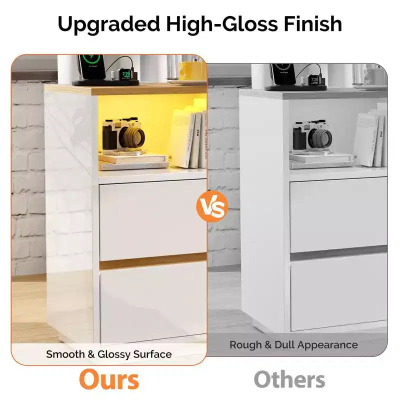 Karl Home 15.7In. High Gloss White & Oak Nightstand, P2 15MM Particleboard, 2 Drawers, RGB Strip, US Outlet (2USB+2AC)