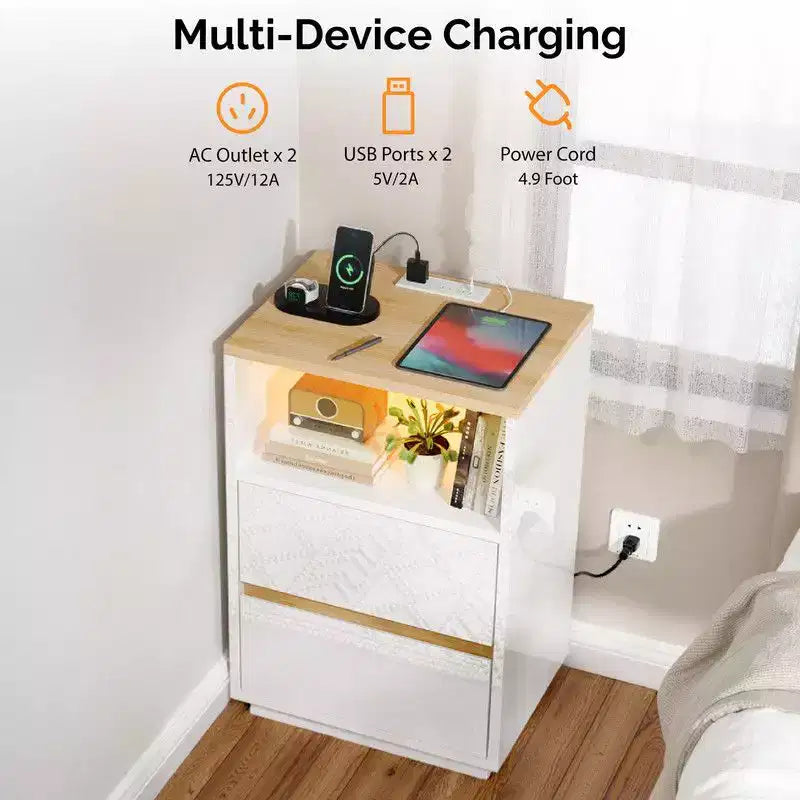 Karl Home 15.7In. High Gloss White & Oak Nightstand, P2 15MM Particleboard, 2 Drawers, RGB Strip, US Outlet (2USB+2AC)