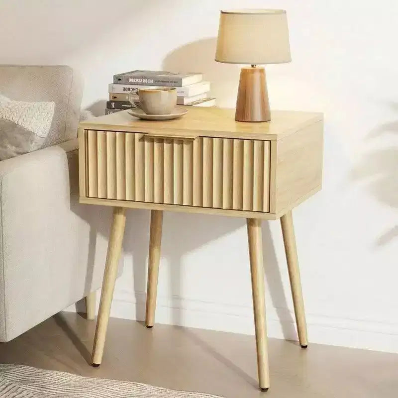 Karl Home 18.9In. Oak Grain Nightstand, Particleboard & MDF, Melamine & Vacuum Forming, 1 Drawer, High Leg