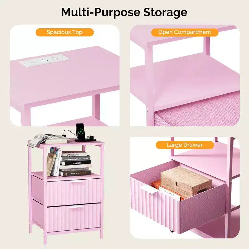 Comodino Karl Home largo 38 cm - 2 cassetti, 1 ripiano, presa di corrente USA - set da 2