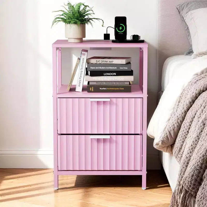 Karl Home 15 Inches Wide Nightstand - 2 Drawers, 1 Shelf, US Power Outlet - set of 2