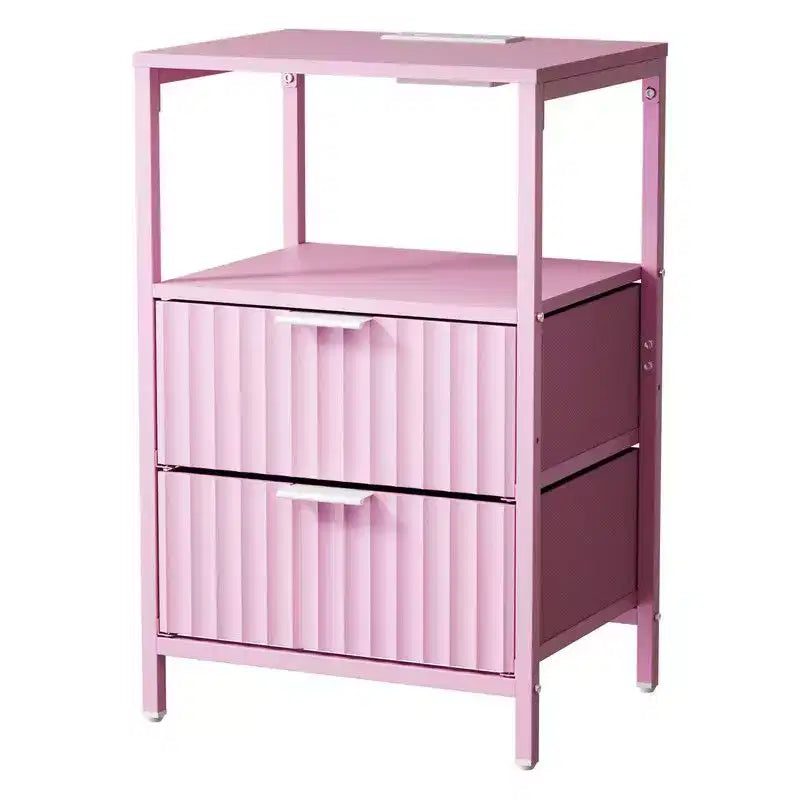 Comodino Karl Home largo 38 cm - 2 cassetti, 1 ripiano, presa di corrente USA - set da 2