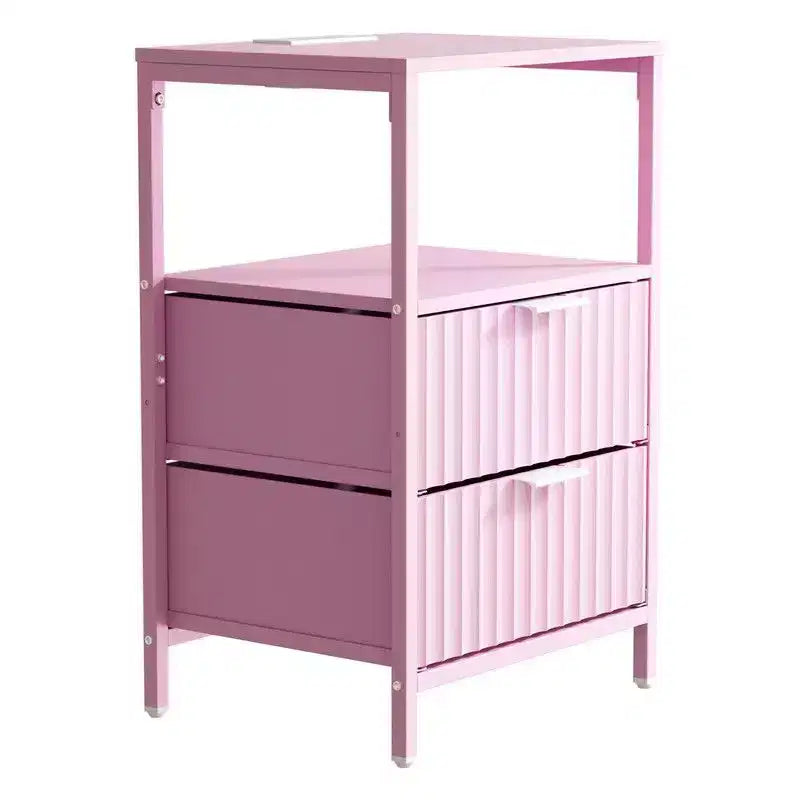 Comodino Karl Home largo 38 cm - 2 cassetti, 1 ripiano, presa di corrente USA - set da 2