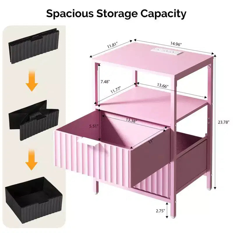 Comodino Karl Home largo 38 cm - 2 cassetti, 1 ripiano, presa di corrente USA - set da 2
