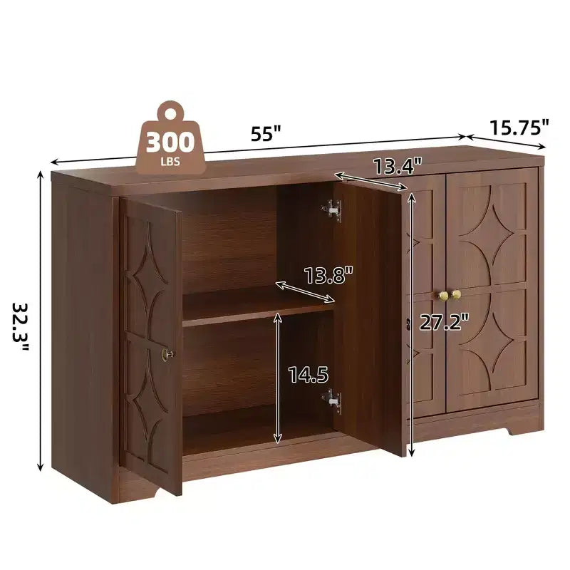 55 Buffet Cabinet with Storage, 4-Door Wood Sideboard with Adjustable Shelves, Farmhouse Coffee Bar Cabinet for Kitchen, Living Room, Entryway