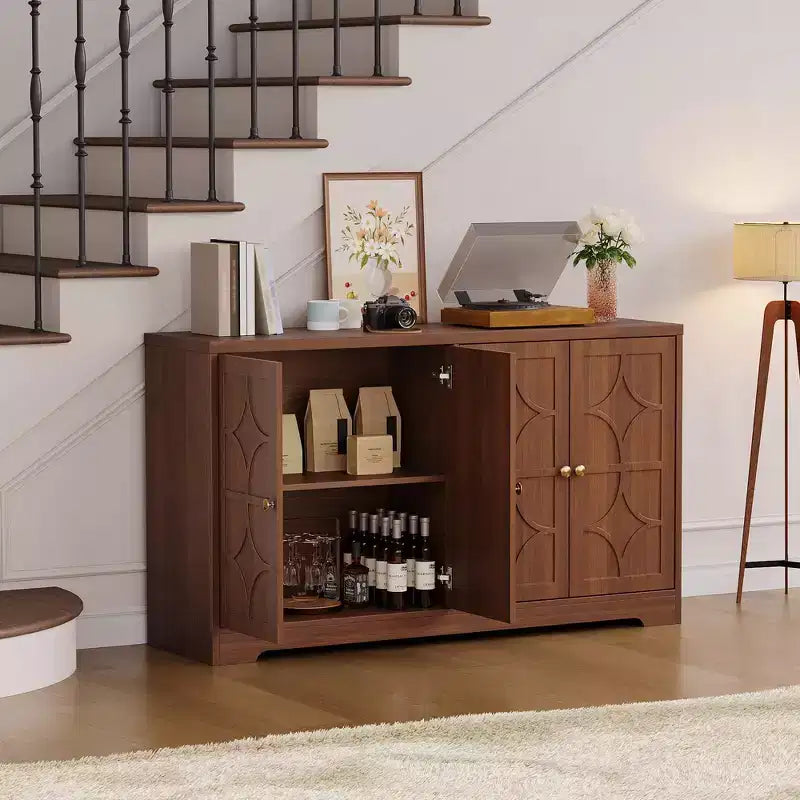 55 Buffet Cabinet with Storage, 4-Door Wood Sideboard with Adjustable Shelves, Farmhouse Coffee Bar Cabinet for Kitchen, Living Room, Entryway