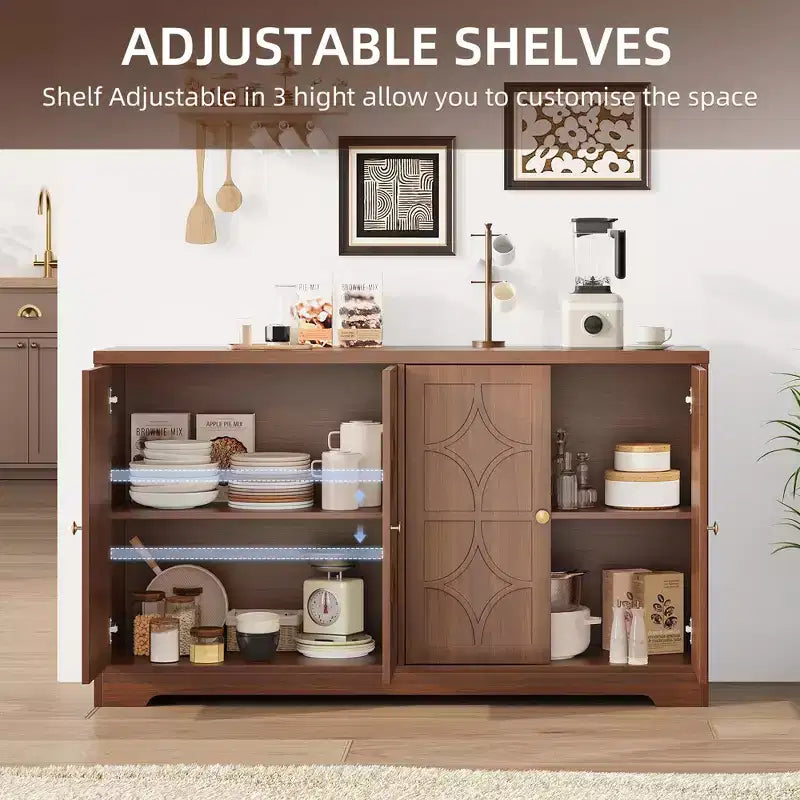 55 Buffet Cabinet with Storage, 4-Door Wood Sideboard with Adjustable Shelves, Farmhouse Coffee Bar Cabinet for Kitchen, Living Room, Entryway